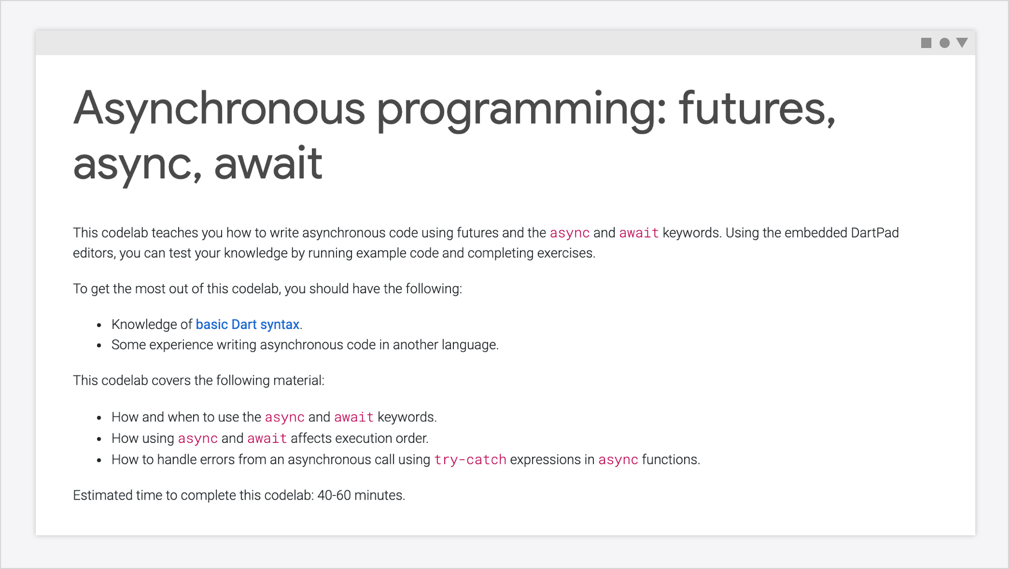 A screenshot of the Dart Futures codelab