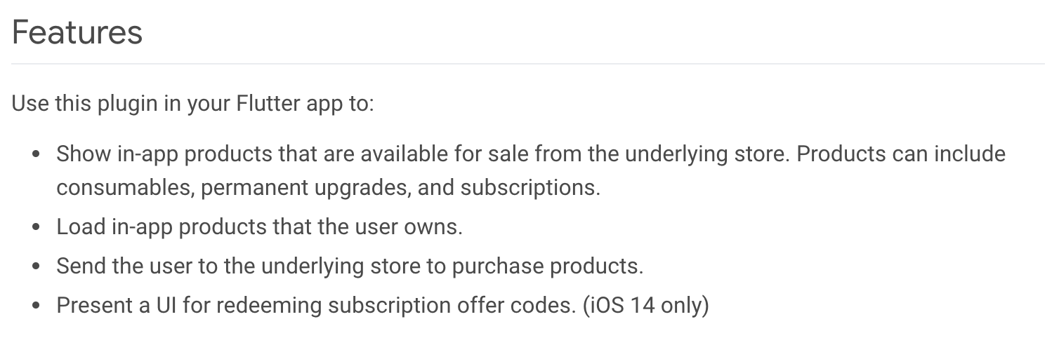 list of features of the package in_app_purchase