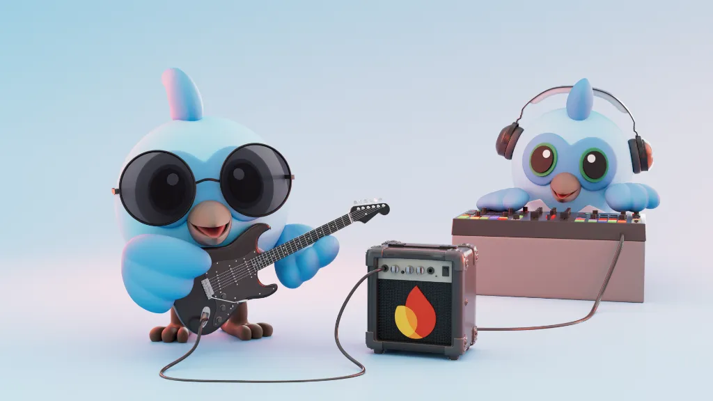 Two blue bird mascots, one wearing sunglasses and playing a black electric guitar connected to a glowing Firebase amplifier, and another wearing headphones operating a music synthesizer board in a clean studio environment.